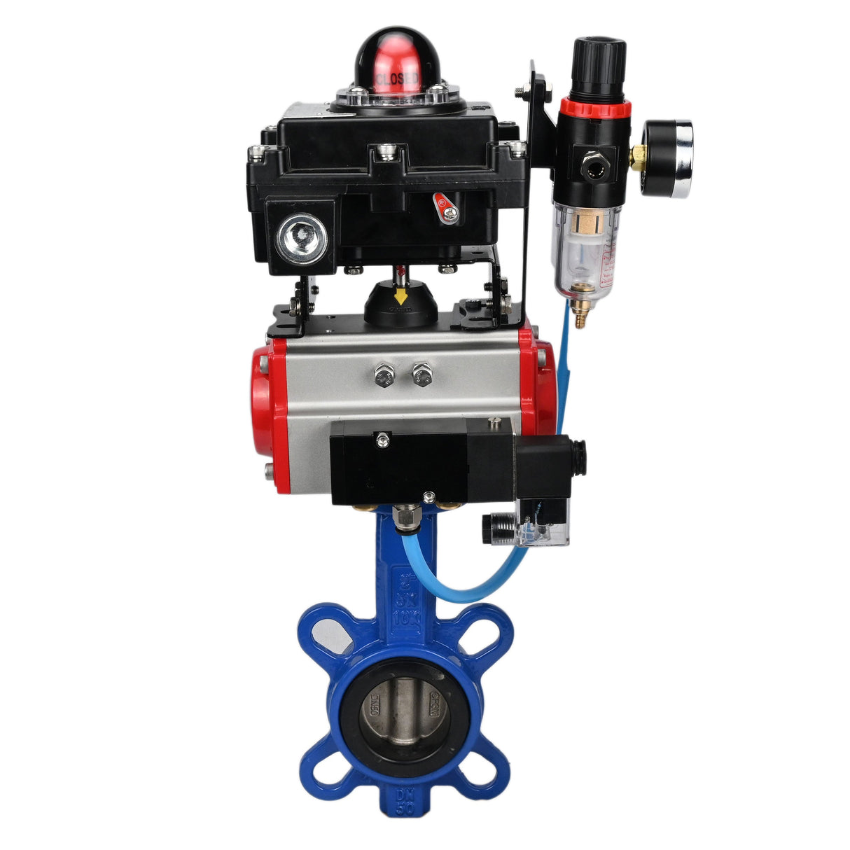 Water butterfly valve Elephant GGG50-GGG40-EPDM body material - cast iron GGG50, disk material - cast iron GGG40, seal - EPDM with pneumatic actuator Elephant DA, pneumatic distributor 4M310-08 220V, limit switch block APL-410N EX and air filter AFC2000