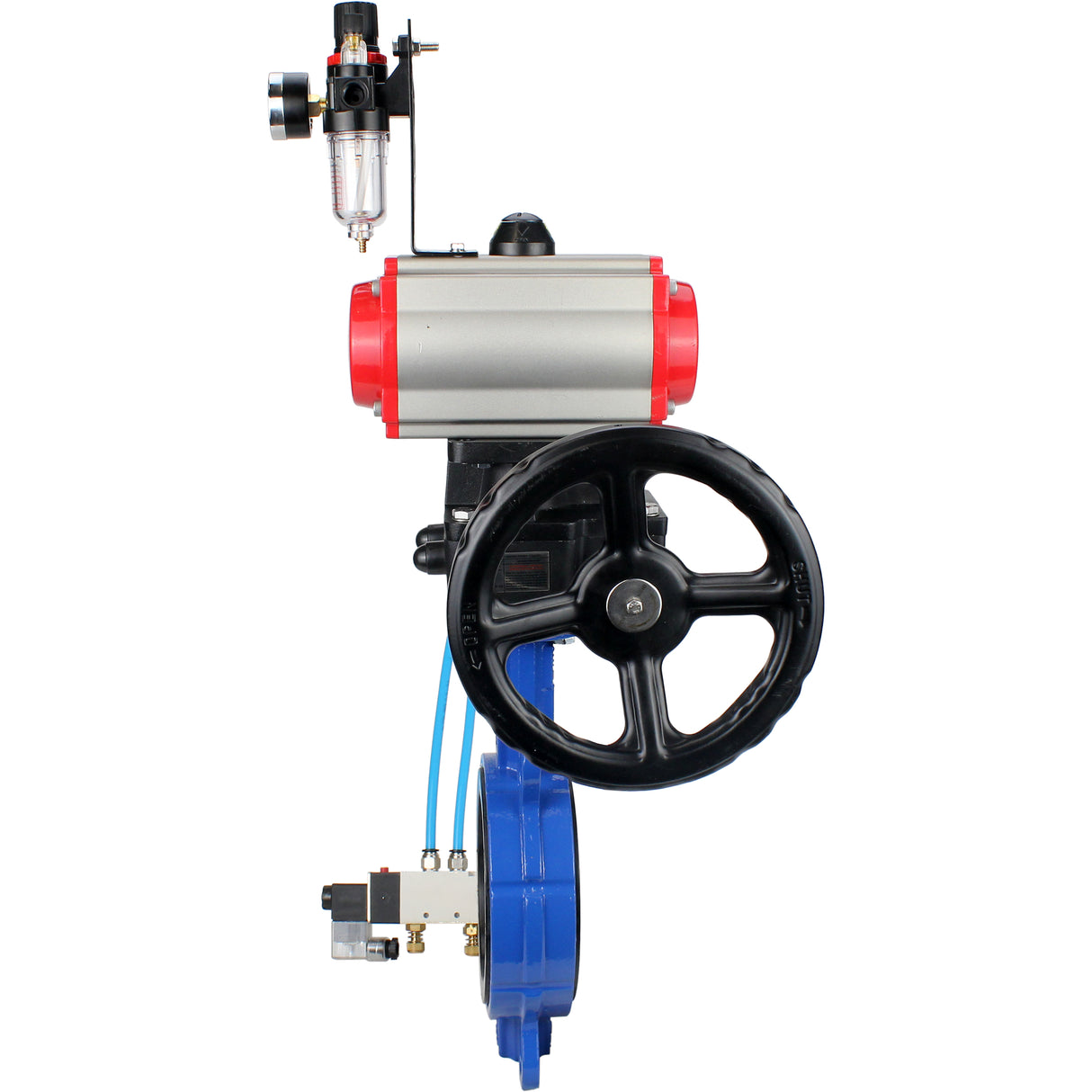 Water Butterfly Valve Elephant WBV1413E-2W-Fb-H, body material - cast iron GGG50, disk material - cast iron GGG40, seal - EPDM, with pneumatic actuator double action PA-DA, 4V320-08 220V, handwheel MON, BPV AFC2000