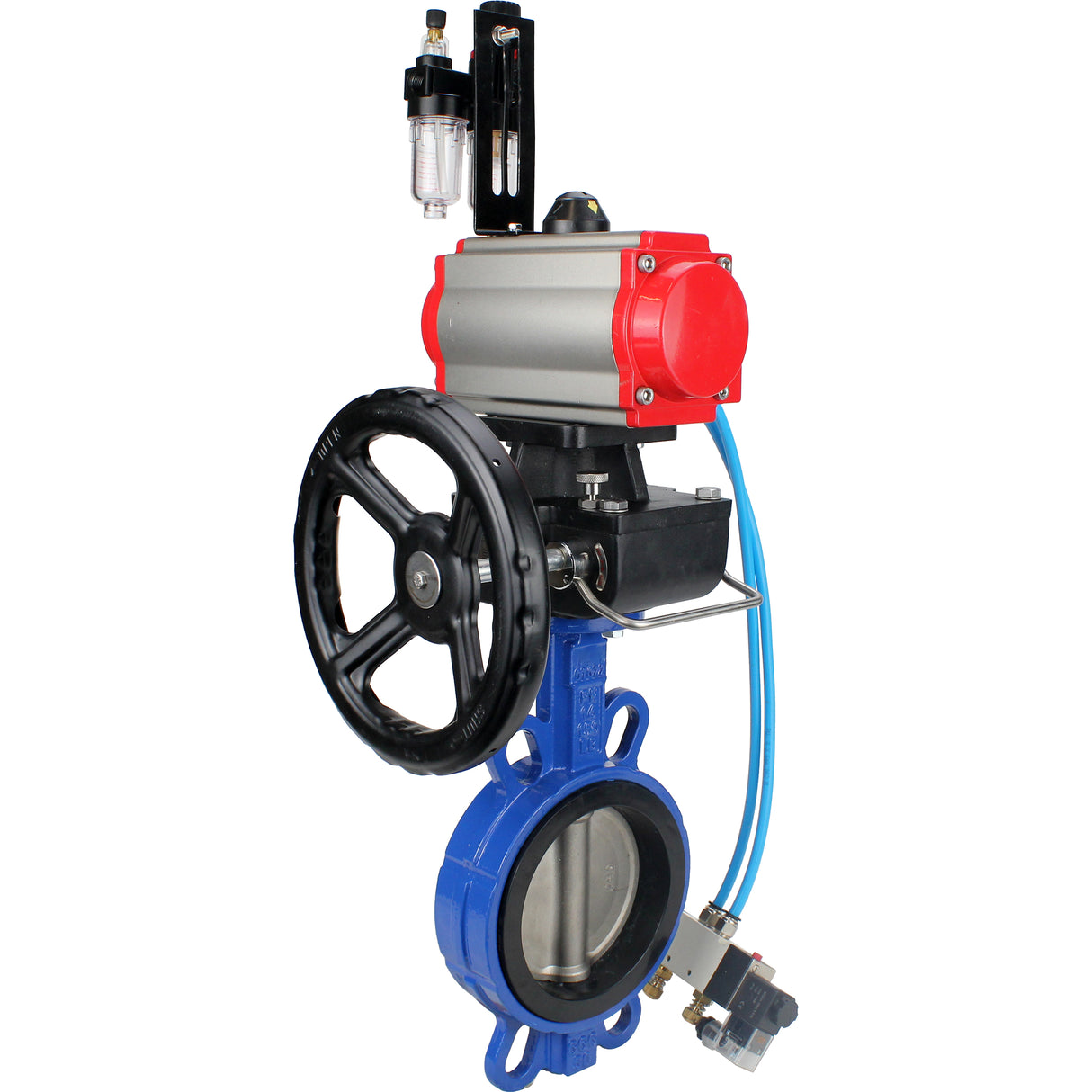 Water Butterfly Valve Elephant WBV1413E-2W-Fb-H, body material - cast iron GGG50, disk material - cast iron GGG40, seal - EPDM, with pneumatic actuator double action PA-DA, 4V320-08 220V, handwheel MON, BPV AFC2000