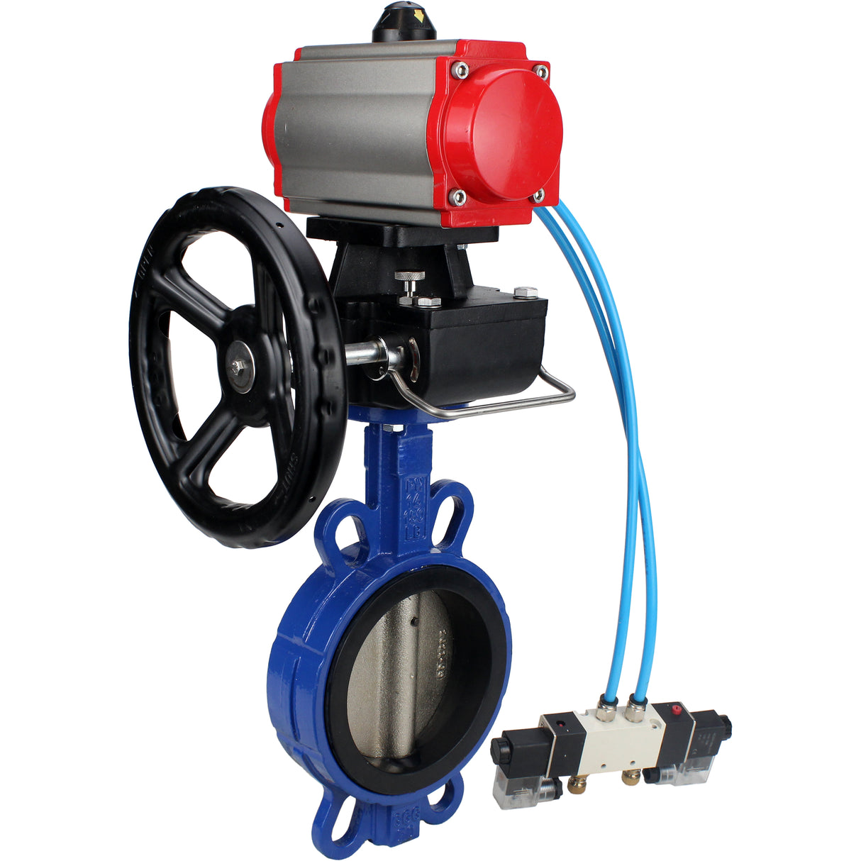 Water Butterfly Valve Elephant WBV1413E-2W-Fb-H, body material - cast iron GGG50, disk material - cast iron GGG40, seal - EPDM, with pneumatic actuator double action PA-DA, 4V320-08 220V, handwheel MON