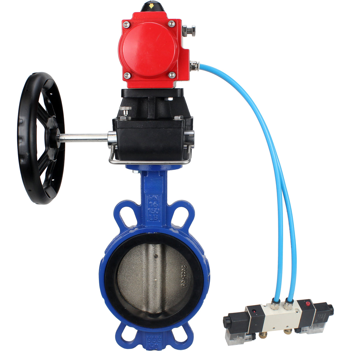 Water Butterfly Valve Elephant WBV1413E-2W-Fb-H, body material - cast iron GGG50, disk material - cast iron GGG40, seal - EPDM, with pneumatic actuator double action PA-DA, 4V320-08 220V, handwheel MON