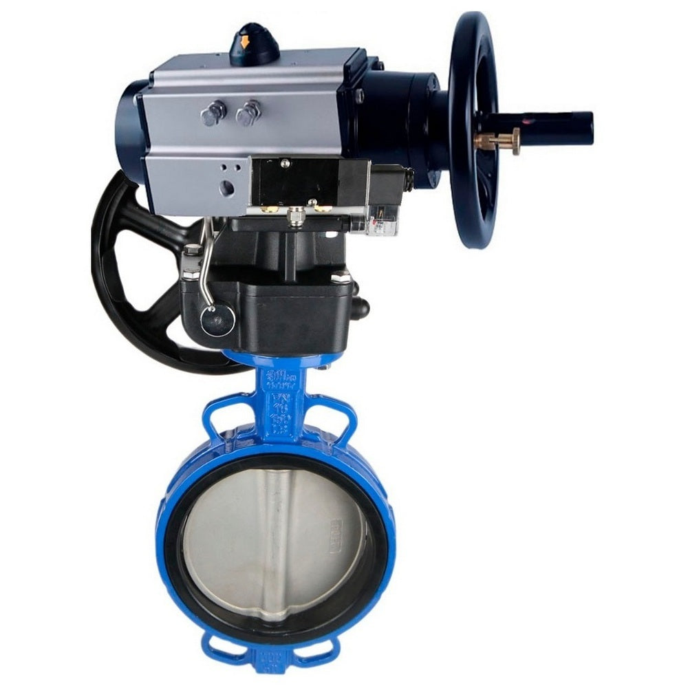 Water Butterfly Valve Elephant WBV1413E-2W-Fb body material - Cast iron GGG50/EN-GJS-500-7, disk material - Cast iron GGG40/EN-GJS-400-15, seal - EPDM with pneumatic actuator double acting PA-DA-105-1, pneumatic distributor 4M310-08, manual duplicator