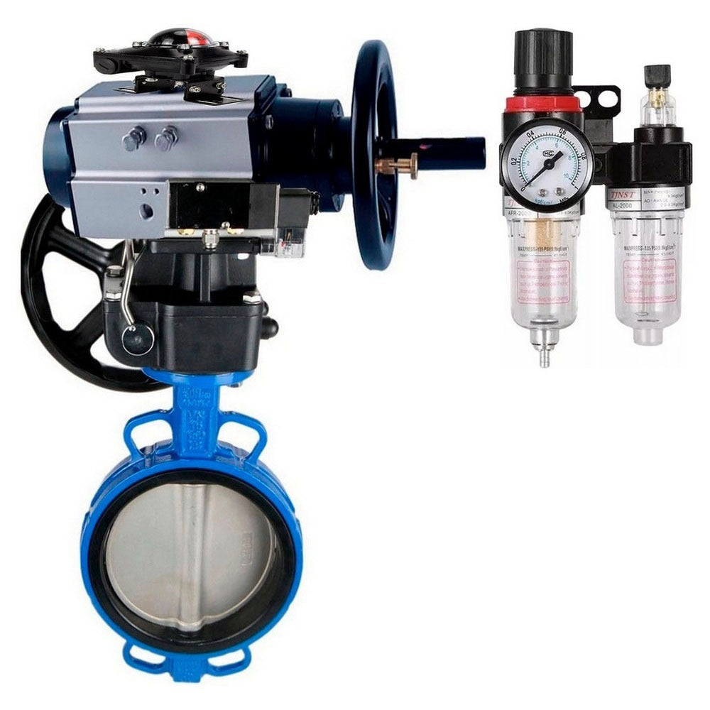 Water Butterfly Valve Elephant WBV1413E-2W-Fb body material - Cast iron GGG50/EN-GJS-500-7, disk material - Cast iron GGG40/EN-GJS-400-15, seal - EPDM with pneumatic actuator double acting PA-DA-105-1, pneumatic distributor 4V320-08 220V, limit switch