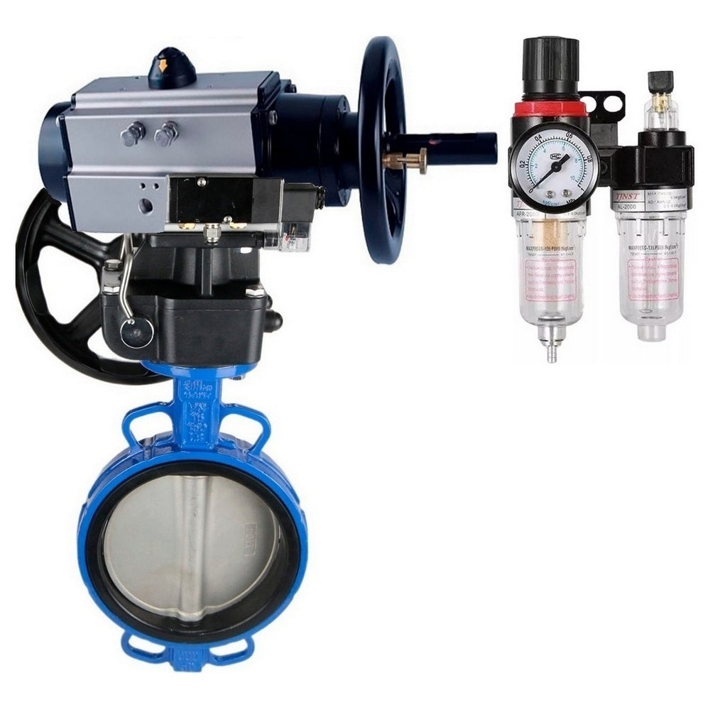 Water Butterfly Valve Elephant WBV1432E-2W-Fb body material - Cast iron GGG50/EN-GJS-500-7, disk material - Stainless steel AISI 316L/1.4404, seal - EPDM with pneumatic actuator double acting PA-DA-105-1, pneumatic distributor 4M310-08, manual