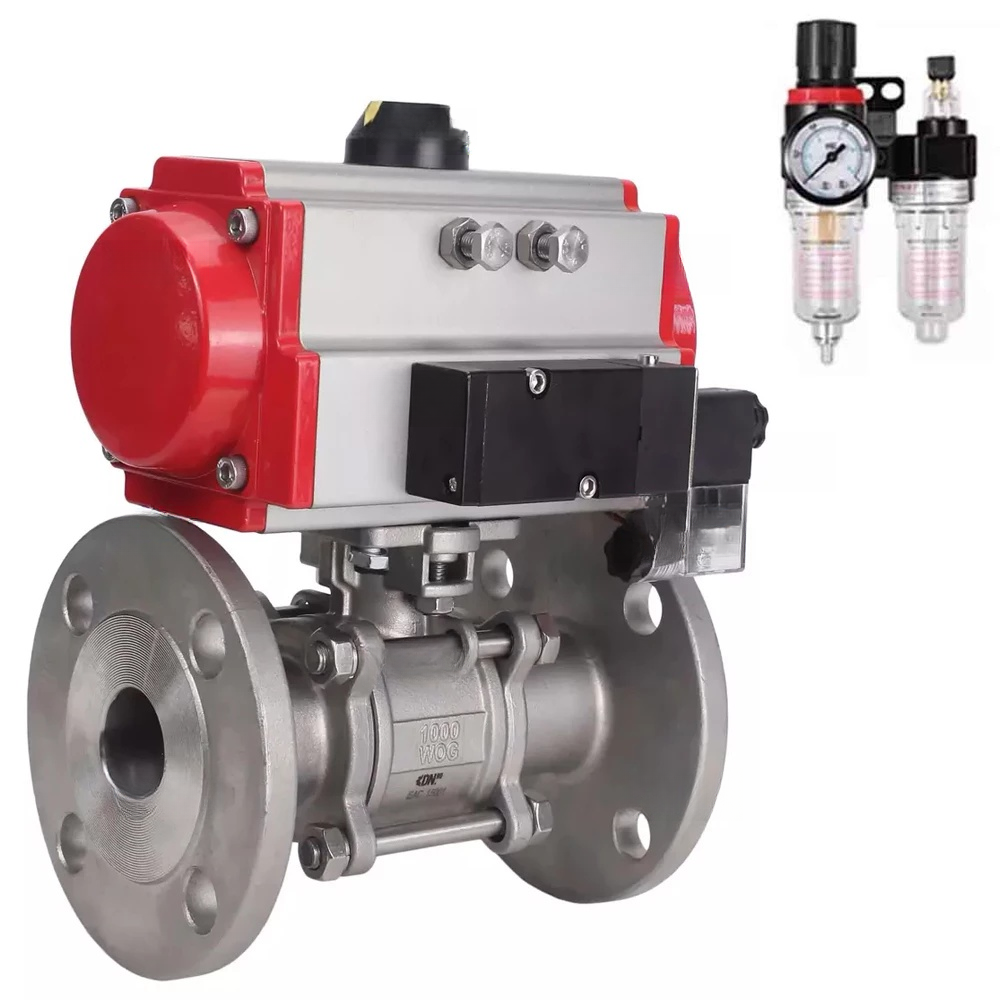 Ball valves Elephant BV3232P(3pc)-FP-F-ISO-H DN65-100 25/40 bar flanged with ISO flange, body - 316 stainless steel, full bore, seal - PTFE, with PA-SA pneumatic actuator, pneumatic distributor 4M310-08 220V, ATU AFC2000