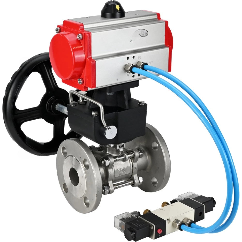 Ball valves Elephant BV3232P(3pc)-FP-F-ISO-H DN65-100 25/40 bar flanged with ISO flange, body - 316 stainless steel, full bore, seal - PTFE, with pneumatic drive PA-DA pneumatic distributor 4V320-10 220V, manual backup MON3-700-T38-ISO