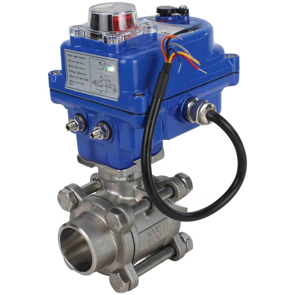 Ball valves Elephant BV3232P(3pc)-FP-W-ISO-H WDVF DN15-32 63 bar full bore, body - 316 stainless steel, seal - PTFE, for welding, with a 1/4-turn electric drive Elephant QT-N-EM-O1-24VDC-U1 blue