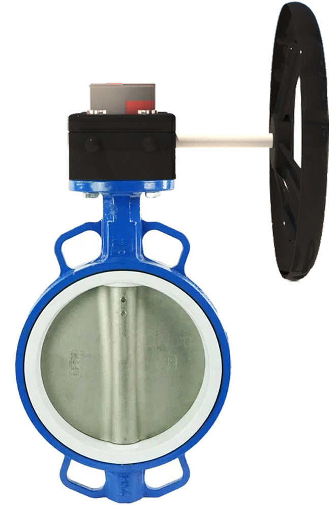 Válvula Mariposa de Agua Elefante WCB-316L-VITON, material del cuerpo - Acero al carbono WCB, material del disco - Acero inoxidable AISI 316L, sello - Viton con engranaje Elefante HGB, indicador de posición