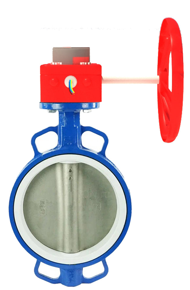 Válvula de mariposa de agua Elephant WCB-316L-PTFE-HGBF, material del cuerpo - acero al carbono WCB, material del disco - acero inoxidable AISI 316L, sello - PTFE, operada por engranajes