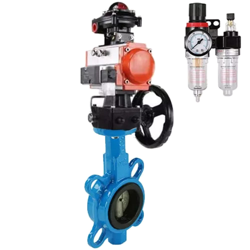 Water butterfly valve Elephant GGG50-GGG40-EPDM body material - cast iron GGG50, disk material - cast iron GGG40, seal - EPDM with pneumatic actuator Elephant DA, pneumatic distributor 4M310-08 24V, limit switch block APL-410N EX, manual doubler HDM and