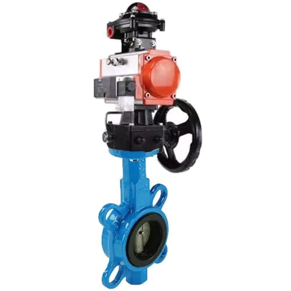 Water butterfly valve Elephant GGG50-GGG40-EPDM body material - cast iron GGG50, disk material - cast iron GGG40, seal - EPDM with pneumatic actuator Elephant DA, pneumatic distributor 4M310-08 24V, limit switch block APL-410N EX and manual doubler HDM