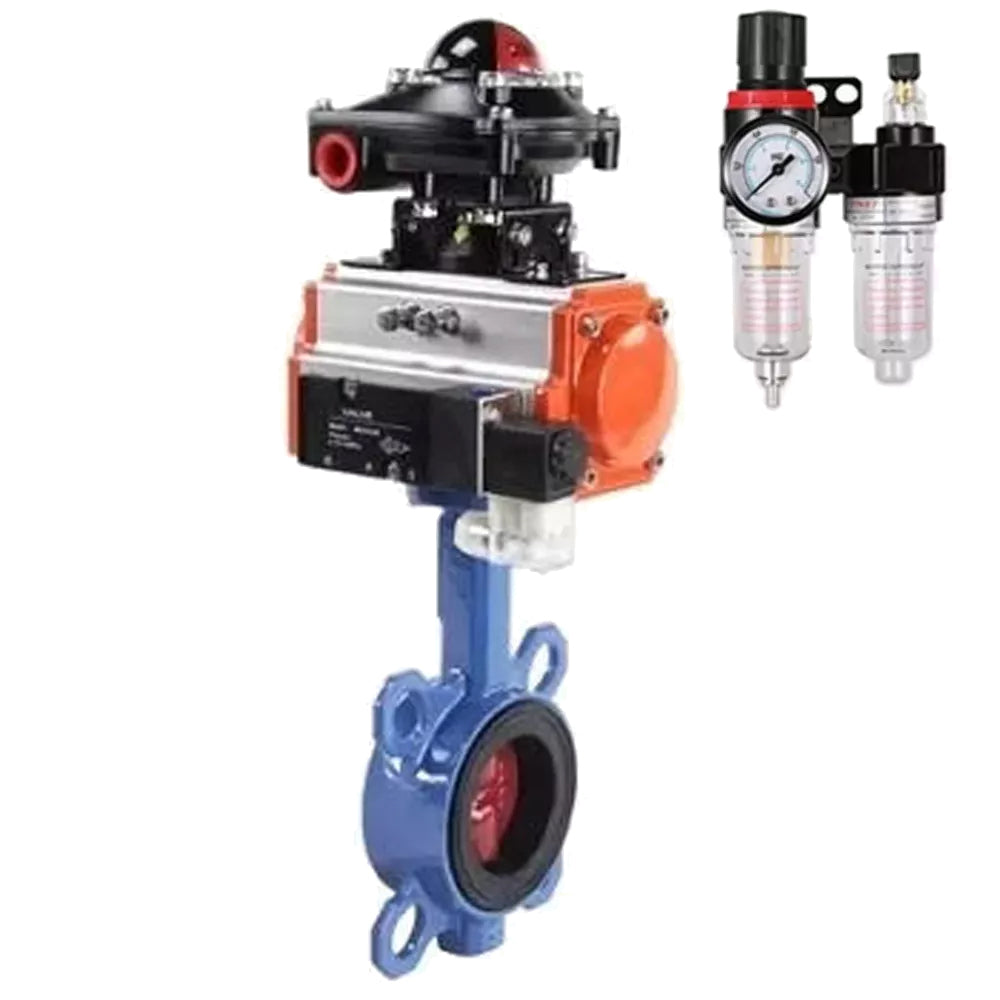 Water butterfly valve Elephant GGG50-GGG40-EPDM body material - cast iron GGG50, disk material - cast iron GGG40, seal - EPDM with pneumatic actuator Elephant DA, pneumatic distributor 4M310-08 24V, limit switch block APL-410N EX and air filter AFC2000