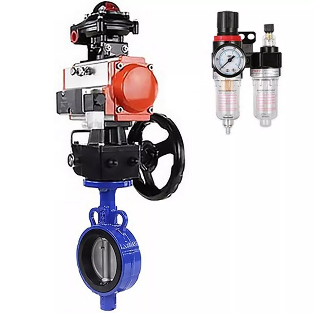 Water Butterfly Valve Elephant WBV1132N-2W-Fb-H, body material - grey cast iron GG25, disk material - stainless steel AISI 316L, seal - NBR, with pneumatic actuator double action PA-DA, 4V320-08 220V, handwheel MON, LSU APL-410N EX, ATU AFC2000