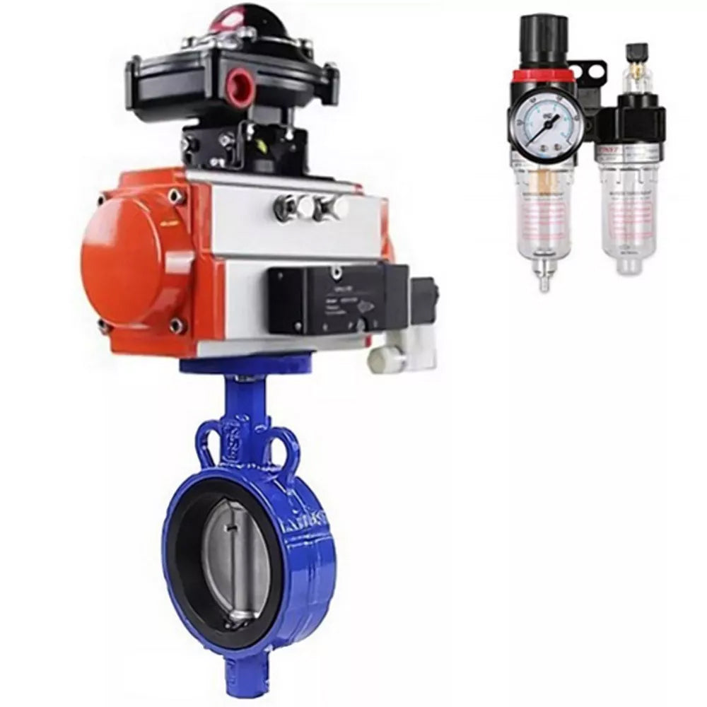 Water Butterfly Valve Elephant WBV0232E-2W-Fb-H, body material - aluminum alloy, disk material - stainless steel AISI 316L, seal - EPDM, with pneumatic actuator double action PA-DA-065, 4V320-08 220V, LSU APL-210NATU AFC2000