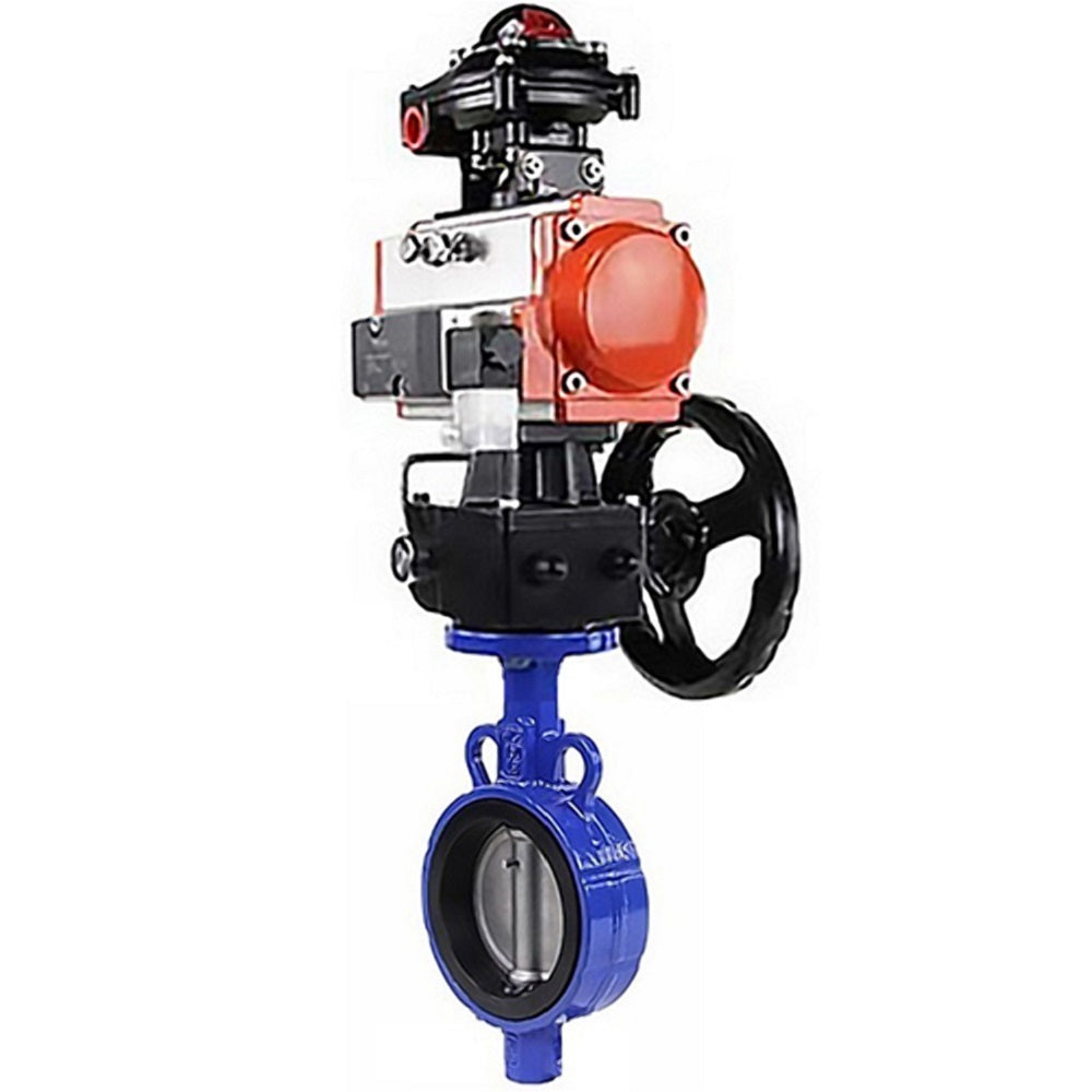 Water butterfly valve Elephant AL-316L-EPDM body material - Aluminium alloy, disk material - stainless steel 316L, seal - EPDM with pneumatic actuator DA, pneumatic distributor 4M310-08 220V, limit switch block APL-410N EX and manual doubler HDM