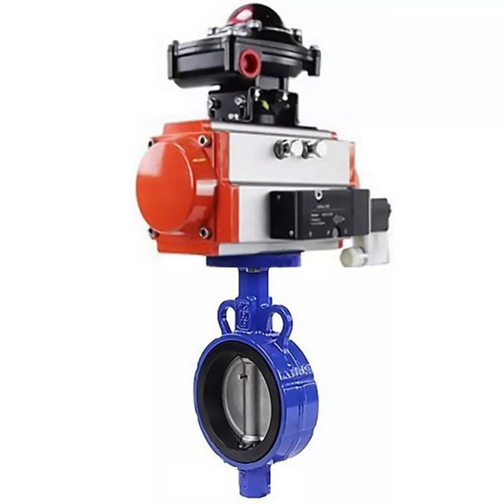 Water Butterfly Valve Elephant WBV0232E-2W-Fb-H, body material - aluminum alloy, disk material - stainless steel AISI 316L, seal - EPDM, with pneumatic actuator double action PA-DA-065, 4V320-10 220V, LSU APL-210N