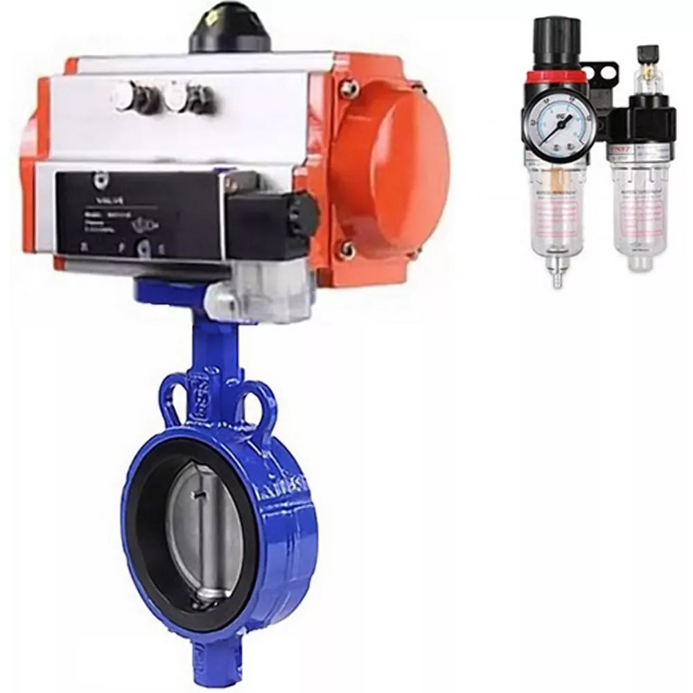 Water Butterfly Valve Elephant WBV1632E-2W-Fb-H, body material - cast iron QT450, disk material - stainless steel AISI 316L, seal - EPDM, with pneumatic actuator with return springs PA-SA, 4V320-10 220V, ATU AFC2000