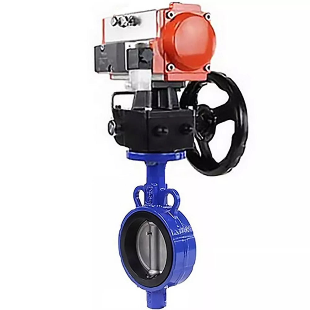 Water Butterfly Valve Elephant WBV0232E-2W-Fb-H, body material - aluminum alloy, disk material - stainless steel AISI 316L, seal - EPDM, with pneumatic actuator double action PA-DA, handwheel MON-065, 4V320-08 220V, handwheel MON