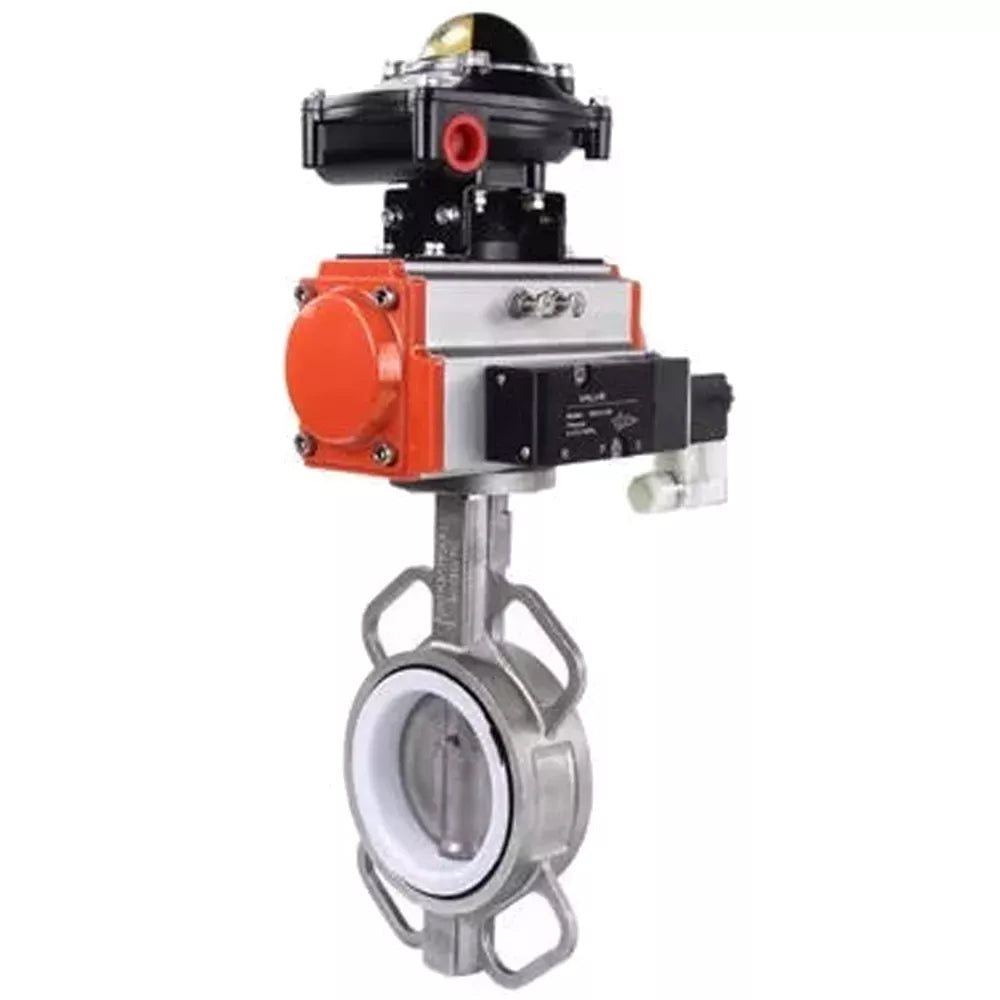 Water Butterfly Valve Elephant WBV3232P-2W-Fb-H, body material - stainless steel AISI 316L, disk material - stainless steel AISI 316L, seal - PTFE, with pneumatic actuator double action PA-DA, 4V320-08 220V, LSU APL-410N EX
