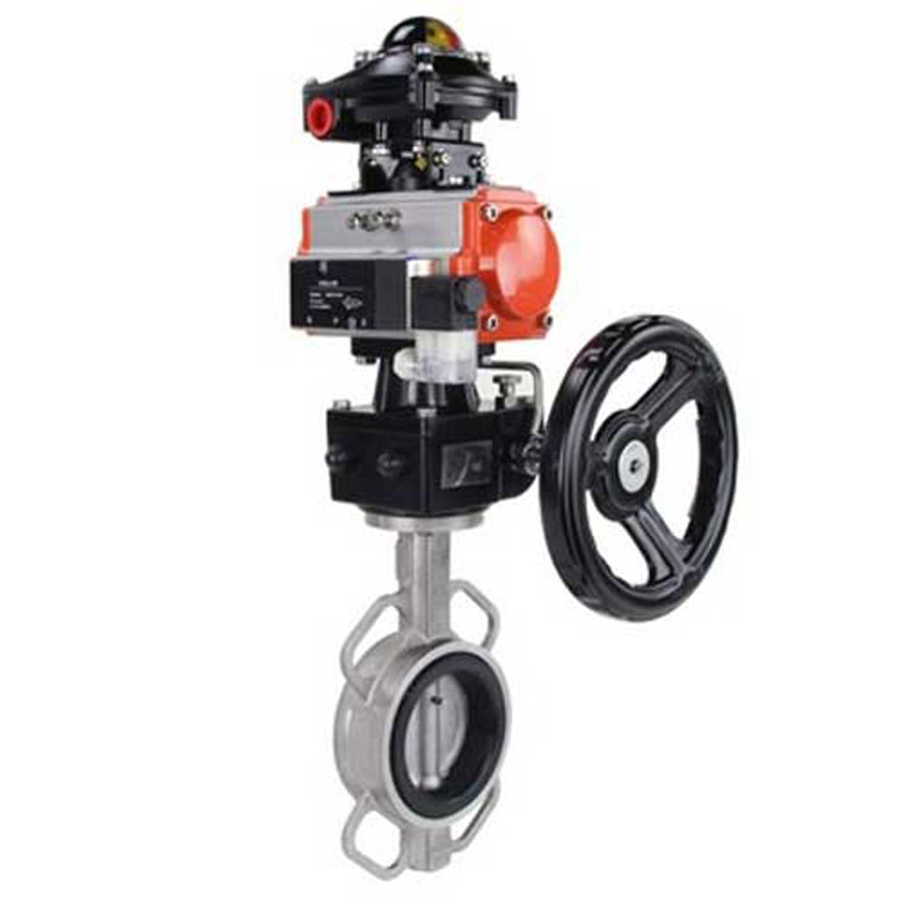 Water butterfly valve Elephant 316L-316L-VITON body material - stainless steel aisi 316l, disk material - stainless steel AISI 316L, seal - Viton with pneumatic actuator Elephant DA, limit switch block APL-410N EX and manual doubler HDM