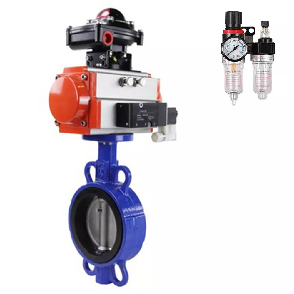 Water Butterfly Valve Elephant WBV1432E-2W-Fb-H, body material - cast iron GGG50, disk material - stainless steel AISI 316L, seal - EPDM, with pneumatic actuator with return springs PA-SA, 4V320-08 220V, LSU APL-210N, ATU AFC2000