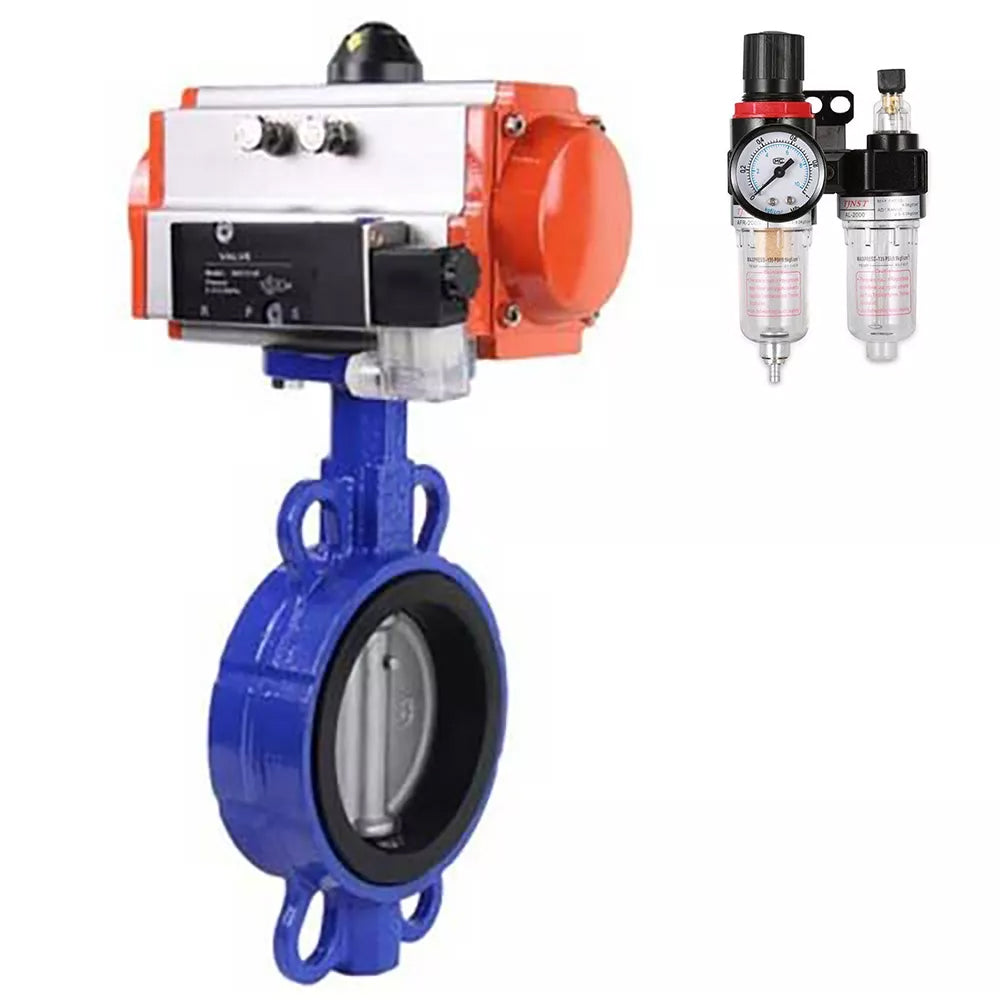 Water Butterfly Valve Elephant WBV1432E-2W-Fb-H, body material - cast iron GGG50, disk material - stainless steel AISI 316L, seal - EPDM, with pneumatic actuator with return springs PA-SA, 4V320-10 220V, BPV AFC2000