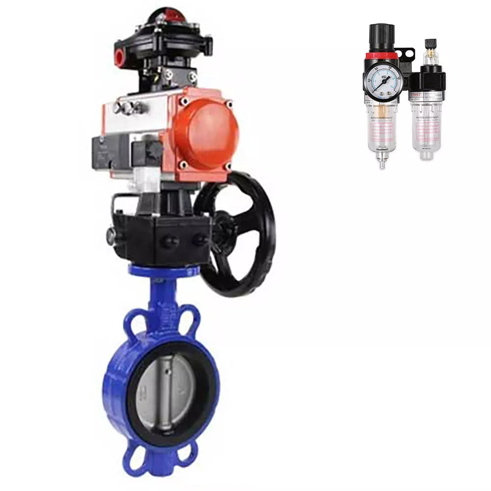 Water Butterfly Valve Elephant WBV1432E-2W-Fb-H, body material - cast iron GGG50, disk material - stainless steel AISI 316L, seal - EPDM, with pneumatic actuator double action PA-DA, 4V320-08 220V, handwheel MON, LSU APL-510N-EX, ATU AFC2000