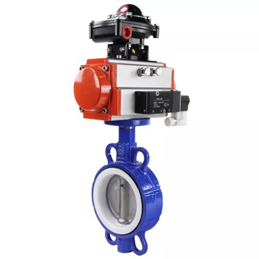 Water Butterfly Valve Elephant WBV3432P-2W-Fb-H, body material - carbon steel, disk material - stainless steel AISI 316L, seal - PTFE, with pneumatic actuator with return springs PA-SA, 4V320-10 220V, LSU APL-210N
