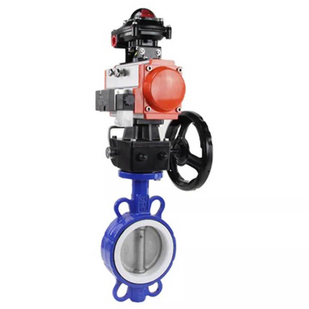 Water Butterfly Valve Elephant WBV3432P-2W-Fb-H, body material - carbon steel, disk material - stainless steel AISI 316L, seal - PTFE, with pneumatic actuator double action PA-DA, 4V320-08 220V, handwheel MON, LSU APL-210N