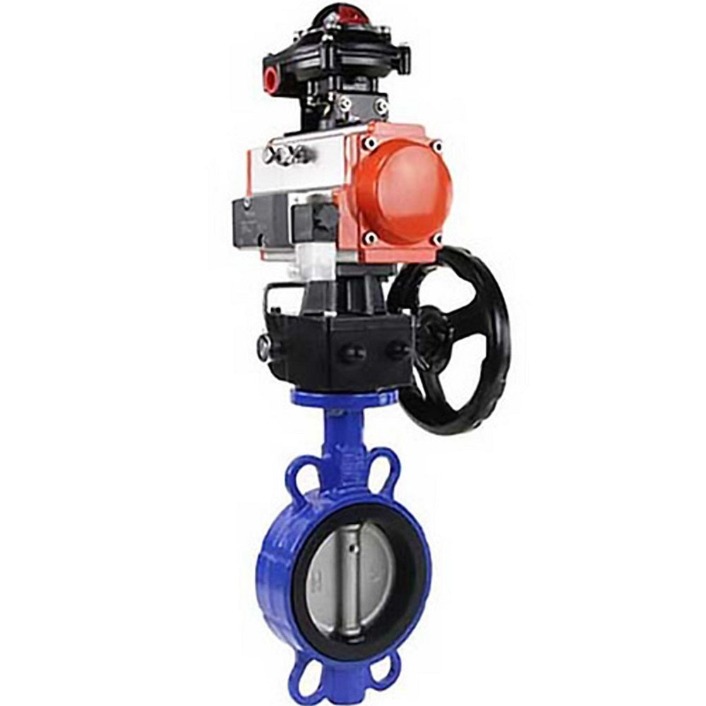 Water Butterfly Valve Elephant WBV1332N-2W-Fb-H body material - Cast iron GGG50, disk material - Stainless steel 316L, seal - NBR with pneumatic actuator DA, pneumatic distributor 4M310-08 24V, limit switch block APL-210N and manual duplicator HDM