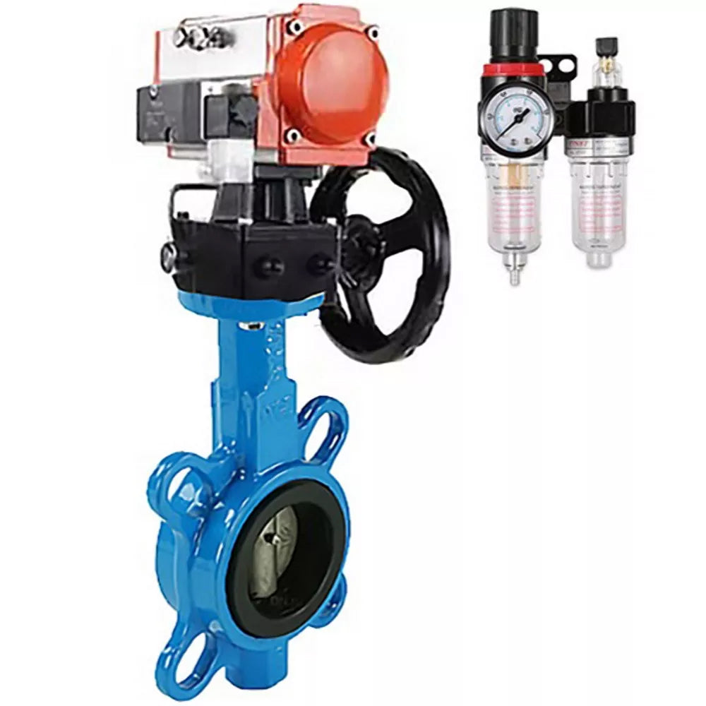 Water Butterfly Valve Elephant WBV1432E-2W-Fb-H, body material - cast iron GGG50, disk material - stainless steel AISI 316L, seal - EPDM, with pneumatic actuator double action PA-DA, 4V320-08 220V, handwheel MON, ATU AFC2000