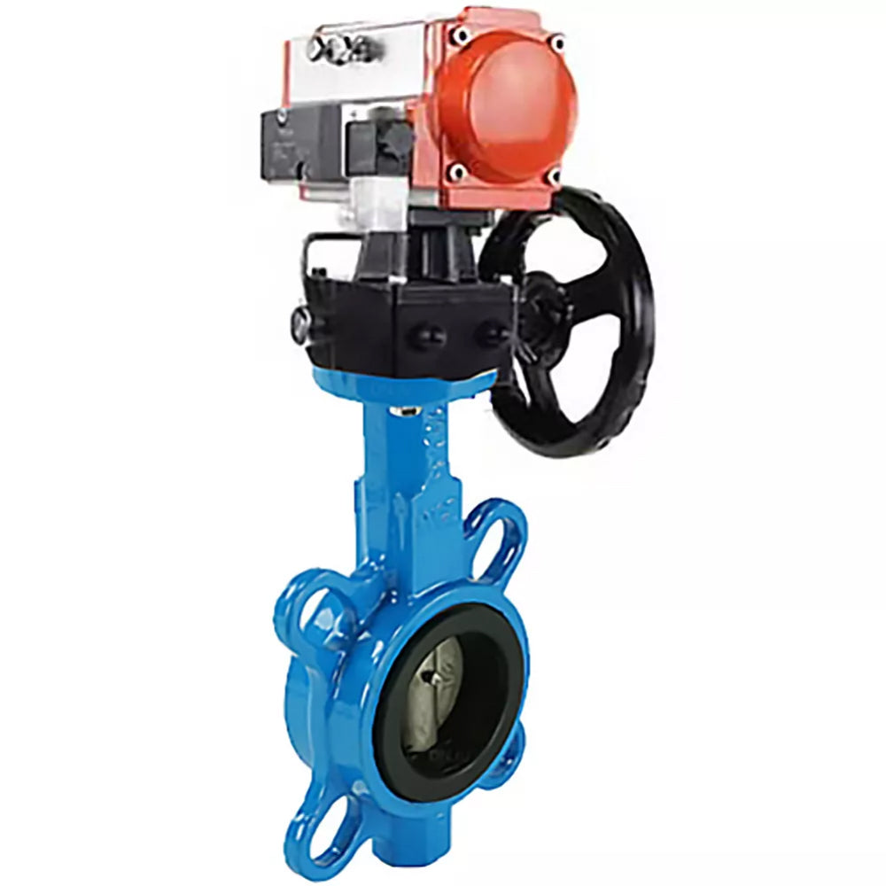 Water Butterfly Valve Elephant WBV1132N-2W-Fb-H, body material - grey cast iron GG25, disk material - stainless steel AISI 316L, seal - NBR, with pneumatic actuator double action PA-DA, 4V320-08 220V, handwheel MON
