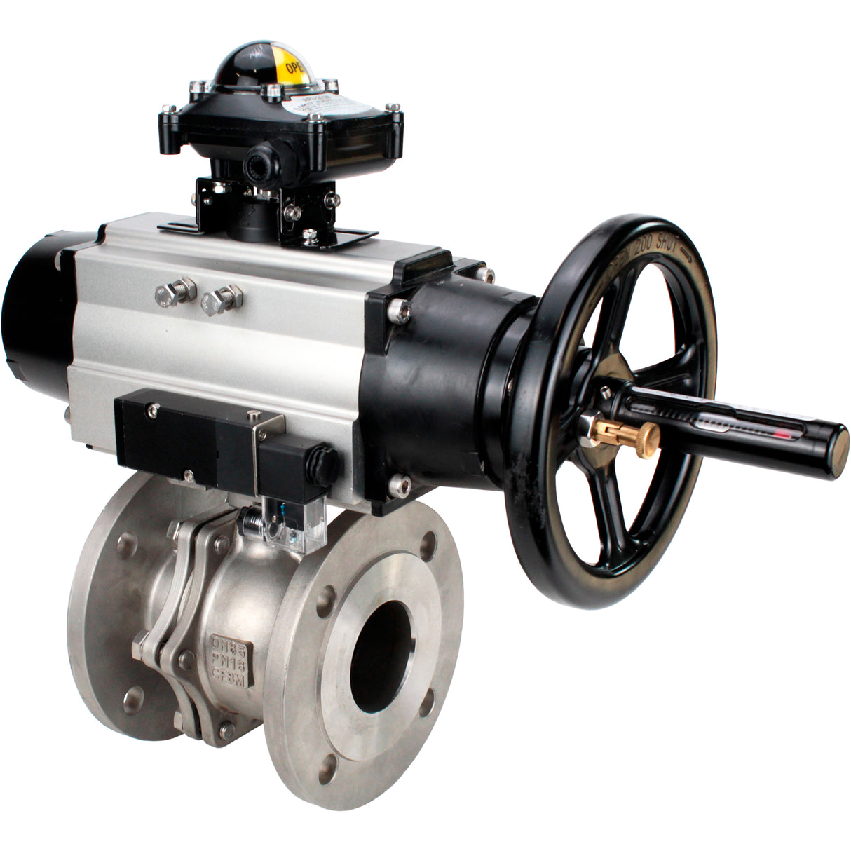 Ball valves Elephant BV3232P(2pc)-FP-F-ISO-H DN80-100 16 bar, full bore flanged, stainless steel SS316, seal - PTFE, with pneumatic actuator PA-DA-105-1 double acting, with pneumatic distributor 4M310-08 220V , with LSU APL-210N