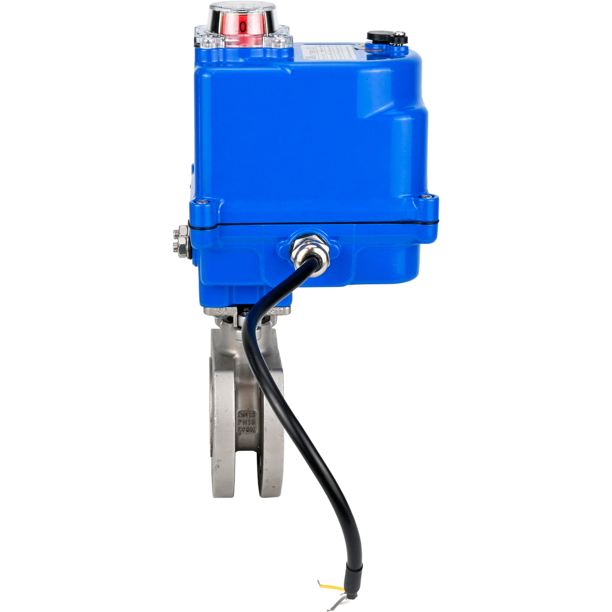 Stainless steel ball valve Elephant BV3232P-FP-Fb 16 bar, body material - stainless steel AISI 316, seal - PTFE, full port, compact flanged, electric actuator Elephant 003 blue 24 V