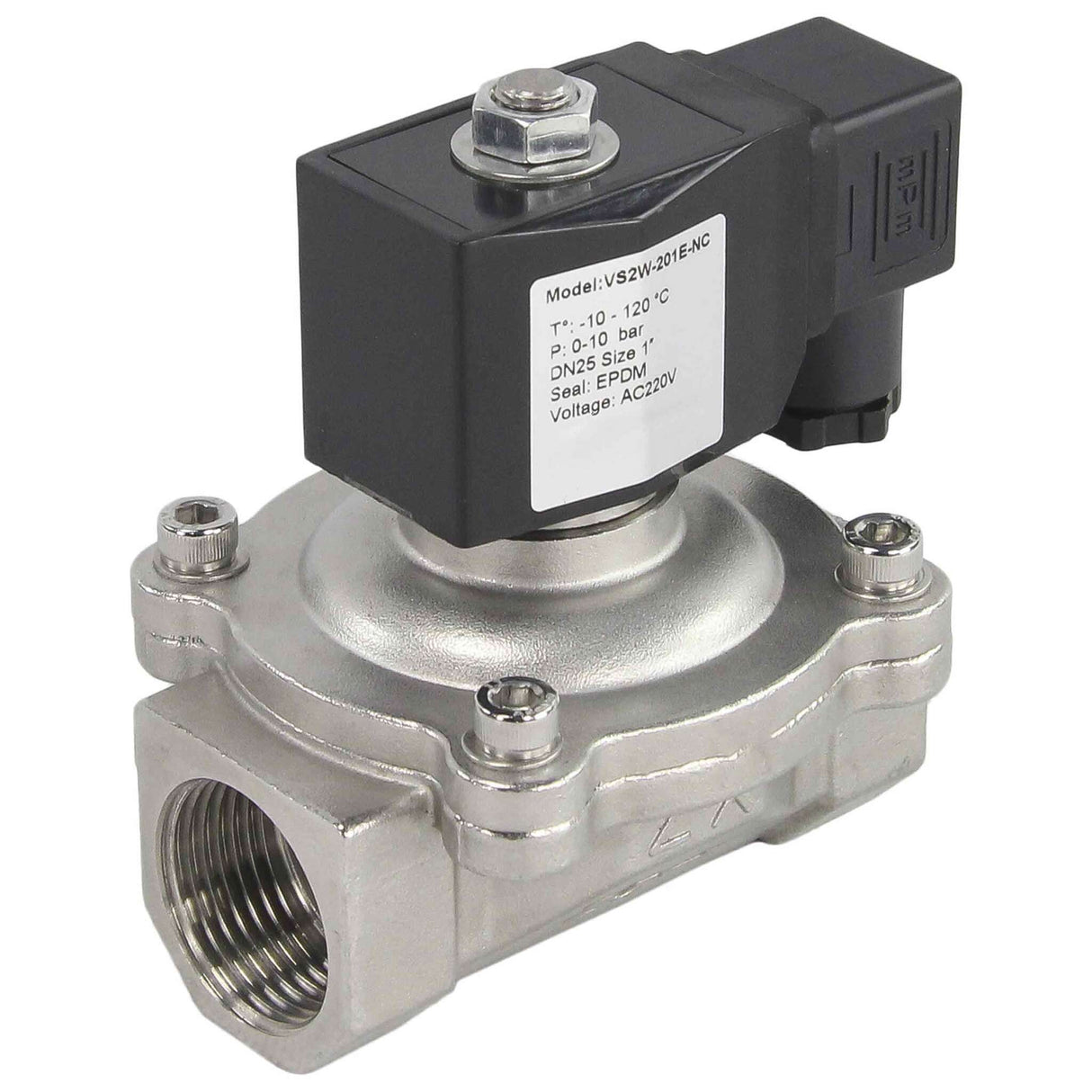 Two way normally closed direct acting electric solenoid valve Elephant VS2W-201V-NC VITON 24V, body material - stainless steel AISI 304, seal - Viton