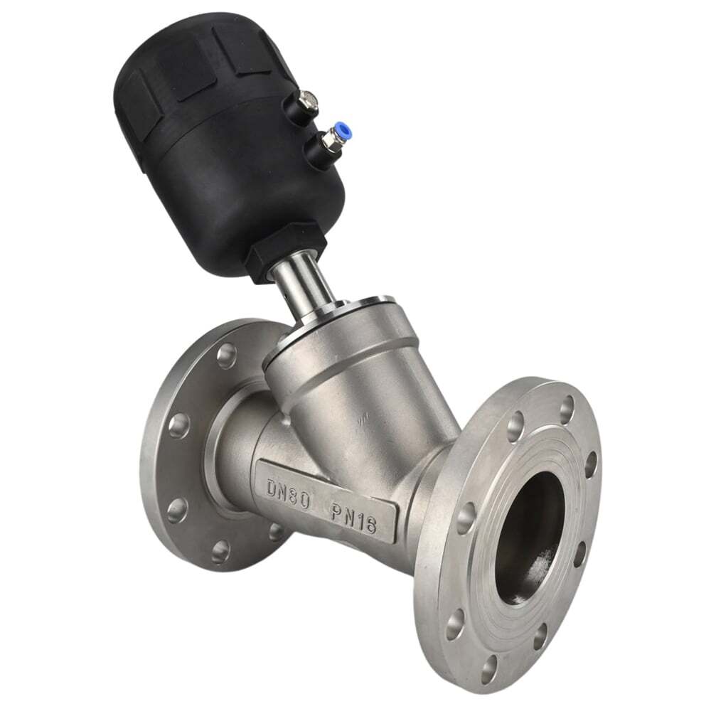 Pneumatic valve Elephant VS324PV-F-1PNC, body material - stainless steel CF8M, flanged, Y-shaped