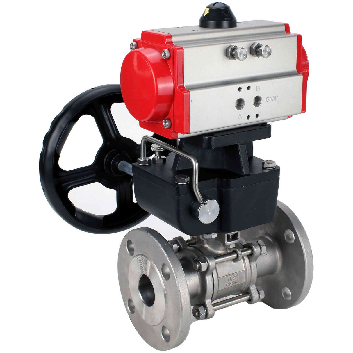 Stainless steel ball valve Elephant ksfpt-304-180-da-hdm, body material - stainless steel AISI 304, ball material - stainless steel AISI 304, seal - PTFE, pneumatic actuator operated