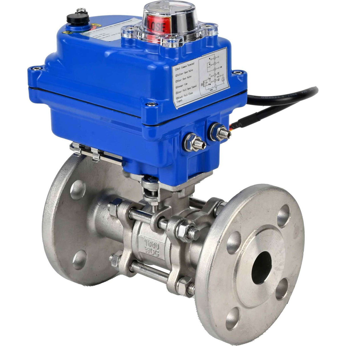 Stainless steel ball valve Elephant BVFPT-ISO.316.180 PSI580 three-part, body material - stainless steel SS316, seal - PTFE, flanged, full port, electric actuator Elephant 003 blue 220 V