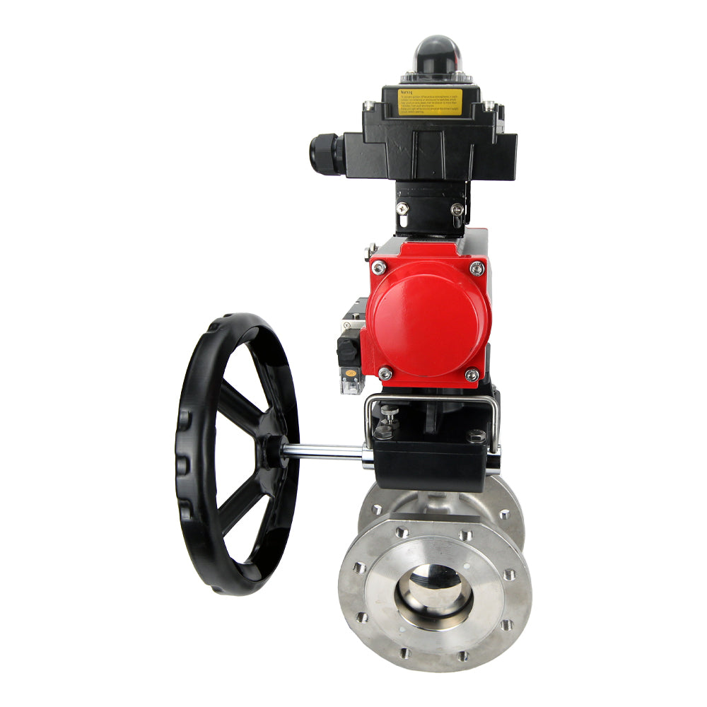 Stainless steel ball valve Elephant BVFP.316, pneumatic actuator Elephant DA, gearbox HDM, pneumatic distributor 4M310-08 220 V, limit switch block APL-410N EX