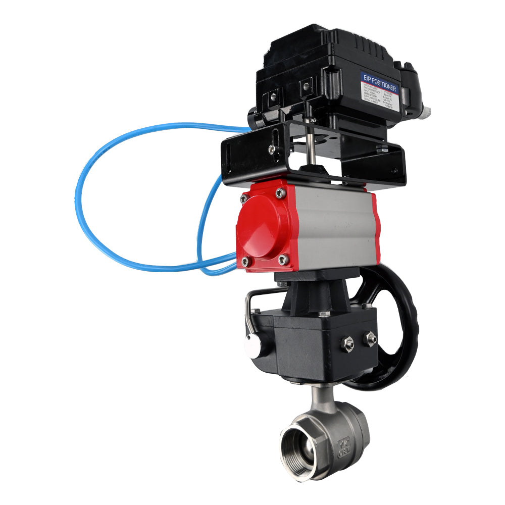 Robinet à boisseau sphérique en acier inoxydable Elephant kshmp316-elephant-da-yt1000rsi-hdm, matériau du corps - acier inoxydable AISI 316, matériau de la bille - acier inoxydable AISI 316, joint - PTFE, actionné par actionneur pneumatique