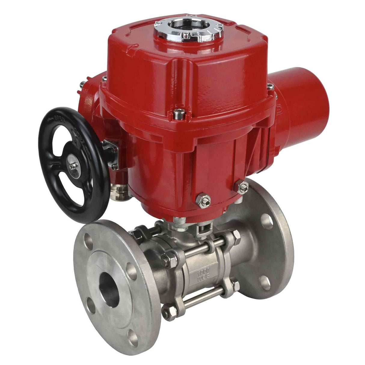 Stainless steel ball valve Elephant BVFPT.316.180 three-part, body material - stainless steel SS316, seal - PTFE, flanged, full port, quarter-turn electric actuator Elephant QT-W (M) EX 380 V