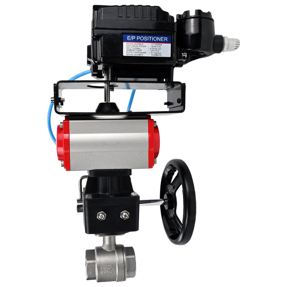 Robinet à boisseau sphérique en acier inoxydable Elephant kshmp316-elephant-da-yt1000rsi-hdm, matériau du corps - acier inoxydable AISI 316, matériau de la bille - acier inoxydable AISI 316, joint - PTFE, actionné par actionneur pneumatique