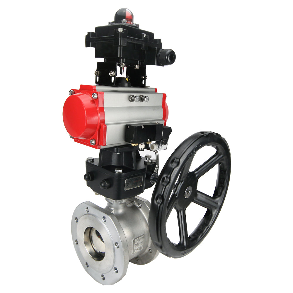 Stainless steel ball valve Elephant BVFP.316, pneumatic actuator Elephant DA, gearbox HDM, pneumatic distributor 4M310-08 24 V, limit switch block APL-410N EX