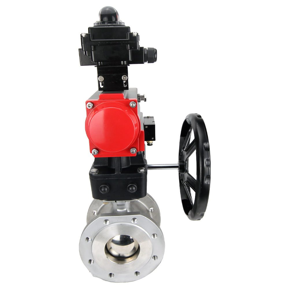 Stainless steel ball valve Elephant BVFP.316, pneumatic actuator Elephant DA, gearbox HDM, pneumatic distributor 4M310-08 24 V, limit switch block APL-410N EX