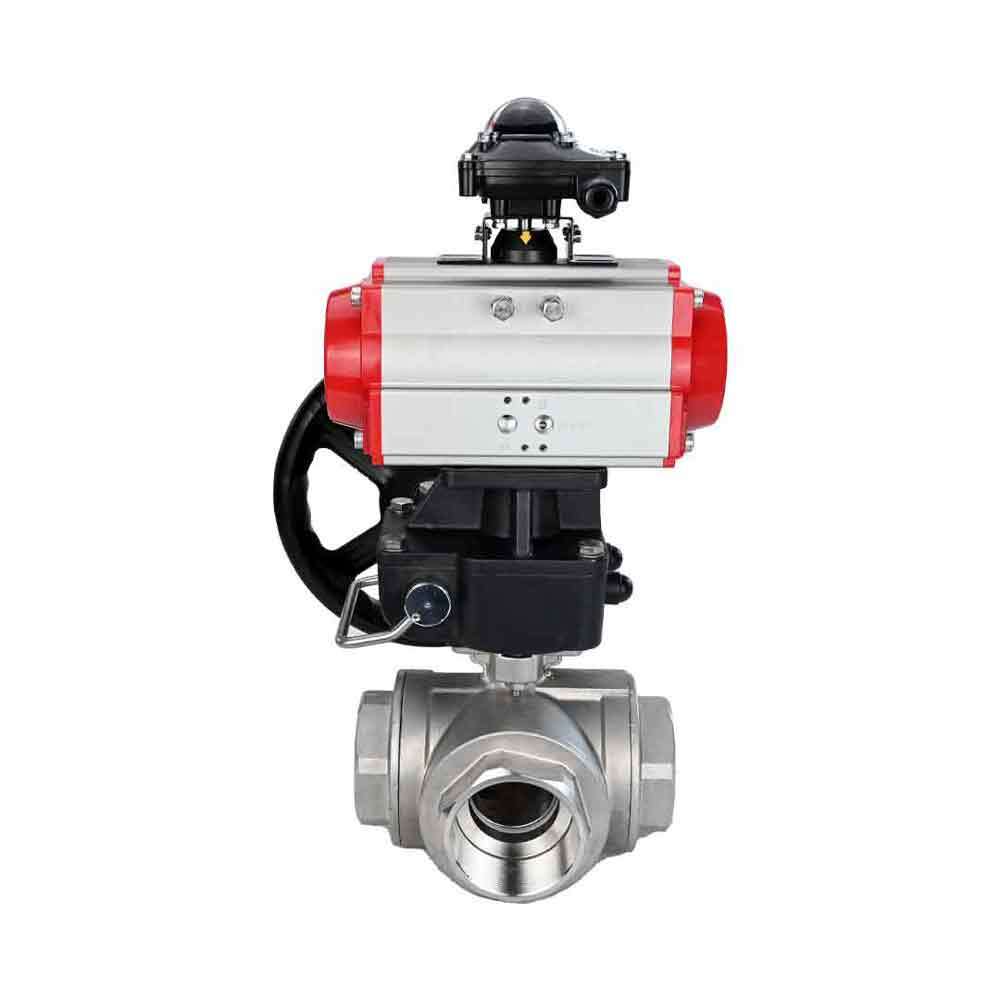 Stainless steel ball valve Elephant RP.SS316.200.MM.ISO 914 PSI threaded, standard port, three way, L-type, body material - stainless steel AISI 316, pneumatic actuator DA, limit switch block APL-410N EX, manual override HDM