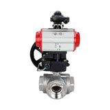 Stainless steel ball valve Elephant RP.SS316.200.MM.ISO 914 PSI threaded, standard port, three way, T-type, body material - stainless steel AISI 316, pneumatic actuator DA, limit switch block APL-410N EX, manual override HDM