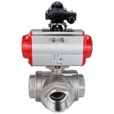 Stainless steel ball valve Elephant RP.SS316.200.MM.ISO 914 PSI threaded, standard port, three way, L-type, body material - stainless steel AISI 316, pneumatic actuator DA, limit switch block APL-410N EX