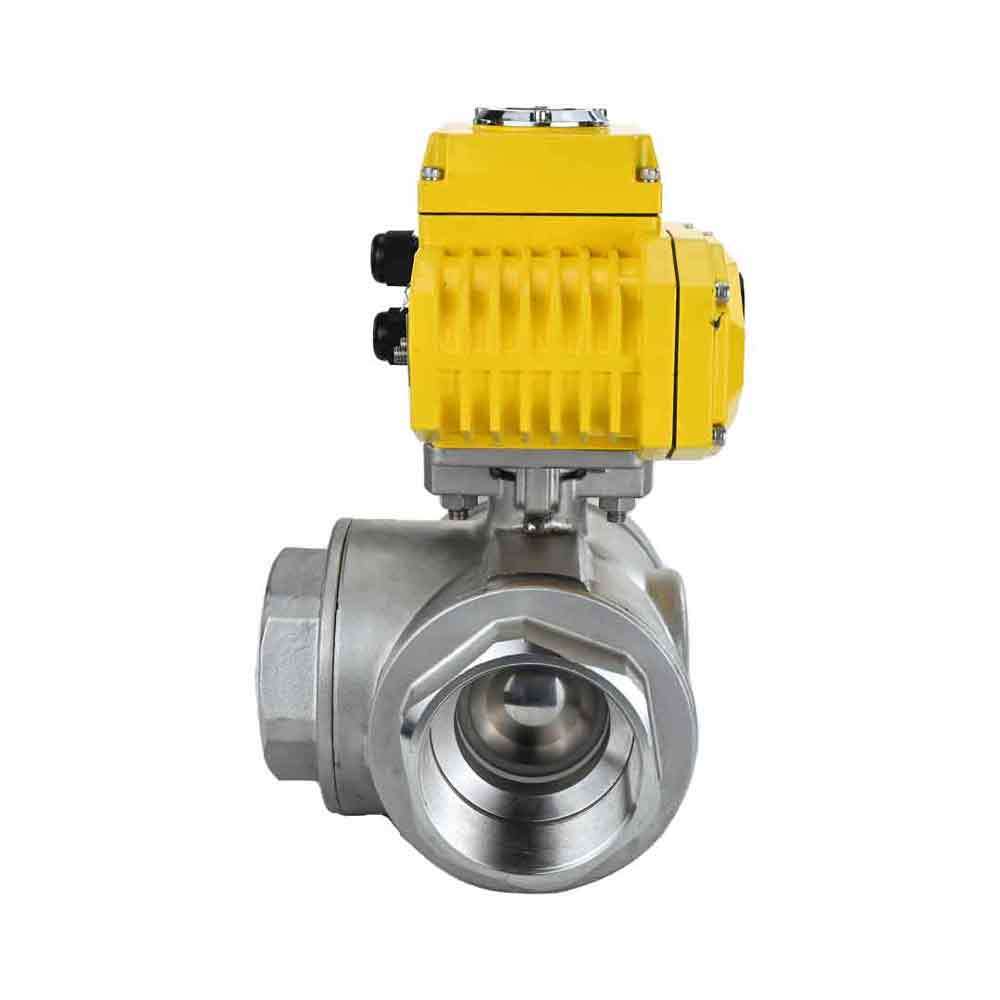 Stainless steel ball valve Elephant RP.SS316.200.MM.ISO 914 PSI threaded, standard port, three way, T-type, body material - stainless steel AISI 316, with quater-turn electric actuator Elephant QT-W (M) 220V