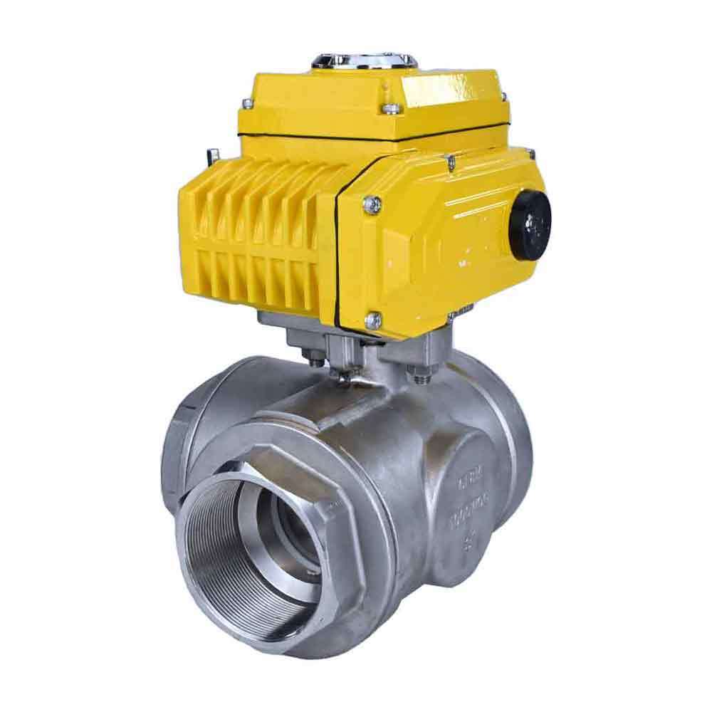 Stainless steel ball valve Elephant RP.SS316.200.MM.ISO 914 PSI threaded, standard port, three way, T-type, body material - stainless steel AISI 316, with quater-turn electric actuator Elephant QT-W (M) 380V