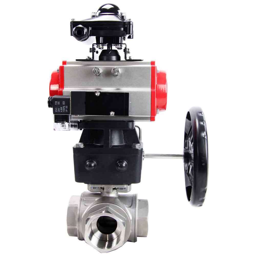 Stainless steel ball valve Elephant 3h-t-rpss316200mm-iso-pnevpr-da-rasp-110/220v-bkv-hdm, body material - stainless steel AISI 316, ball material - stainless steel AISI 316, seal - PTFE, pneumatic actuator operated